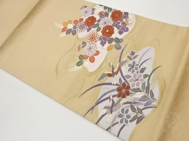 鳥・菊に花葉模様織出し開き名古屋帯（額縁仕立て）